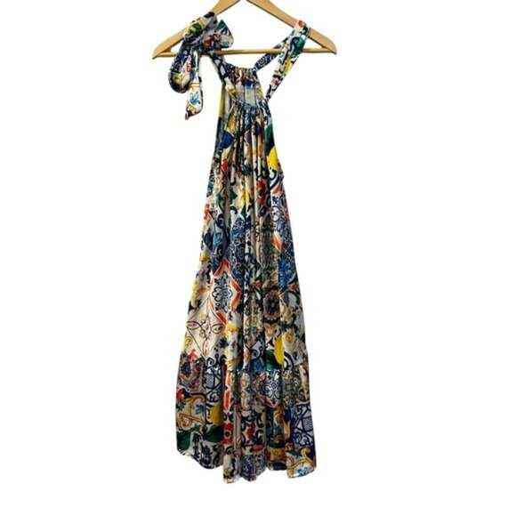 New Collection Italy Mosaic Tile Print Halter Maxi Dress Multicolor Size Small - Picture 2 of 10